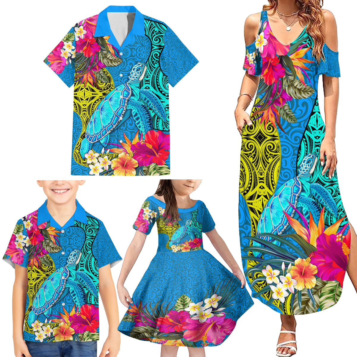 Custom Polynesian Family Matching Summer Maxi Dress and Hawaiian Shirt The Turtle Jung Flower with Maori Pattern Ethnic Style LT03 - Polynesian Pride