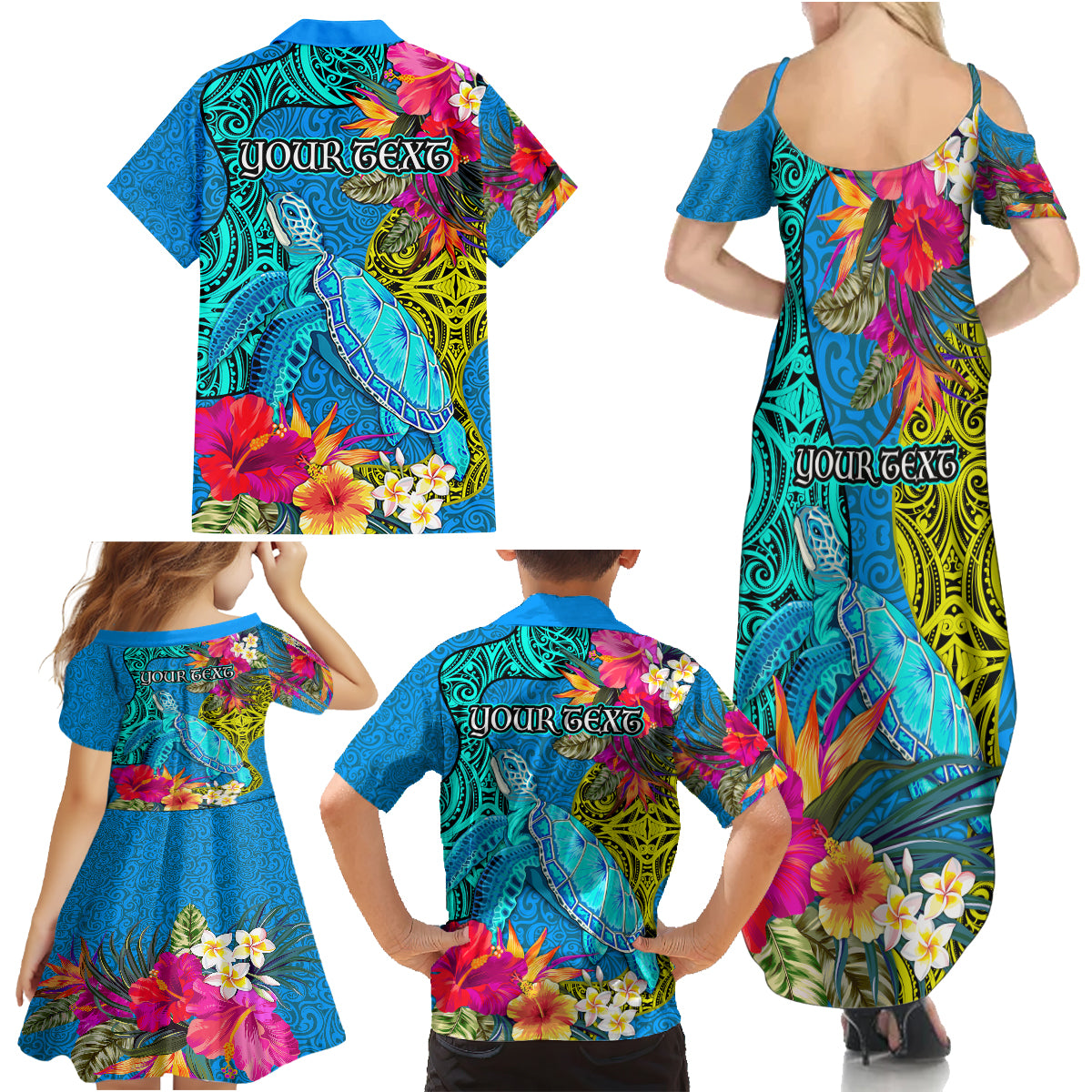 Custom Polynesian Family Matching Summer Maxi Dress and Hawaiian Shirt The Turtle Jung Flower with Maori Pattern Ethnic Style LT03 - Polynesian Pride