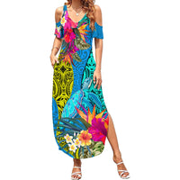 Custom Polynesian Family Matching Summer Maxi Dress and Hawaiian Shirt The Turtle Jung Flower with Maori Pattern Ethnic Style LT03 Mom's Dress Blue - Polynesian Pride