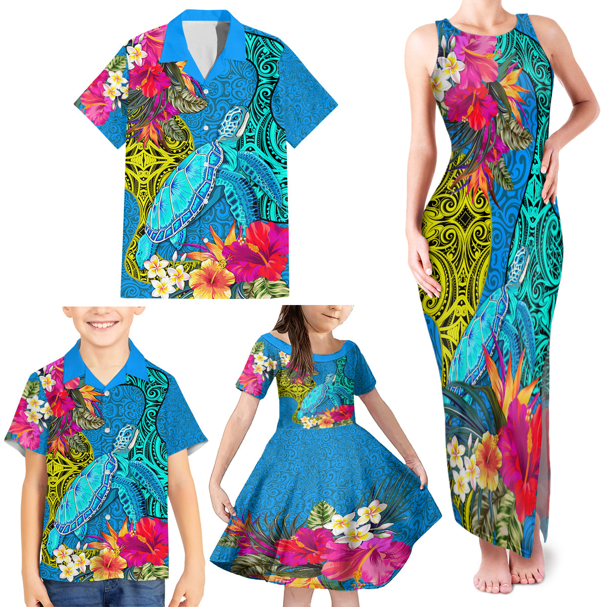 Custom Polynesian Family Matching Tank Maxi Dress and Hawaiian Shirt The Turtle Jung Flower with Maori Pattern Ethnic Style LT03 - Polynesian Pride