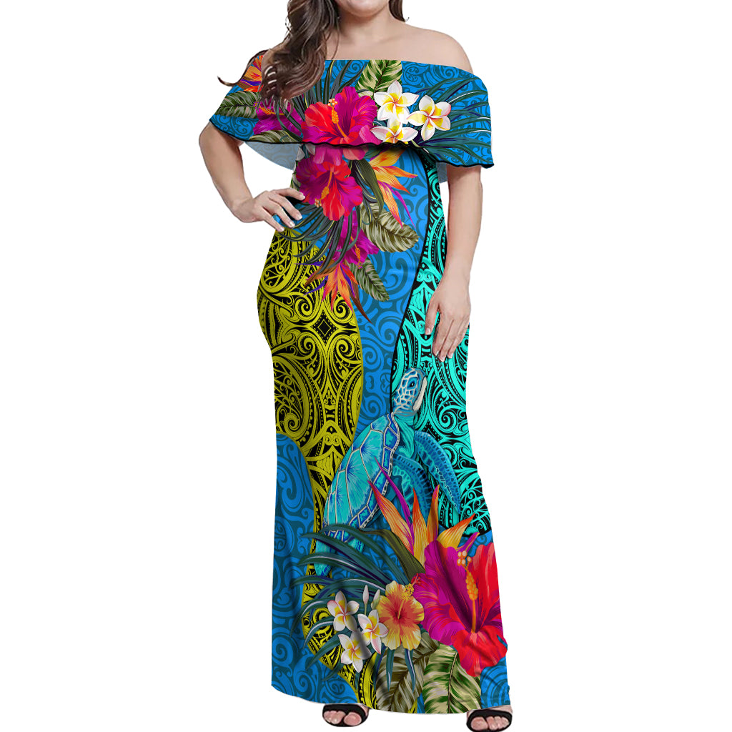 Custom Polynesian Off Shoulder Maxi Dress The Turtle Jung Flower with Maori Pattern Ethnic Style LT03 Women Blue - Polynesian Pride