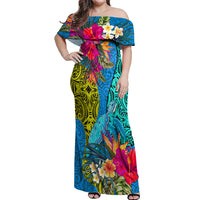 Custom Polynesian Off Shoulder Maxi Dress The Turtle Jung Flower with Maori Pattern Ethnic Style LT03 Women Blue - Polynesian Pride