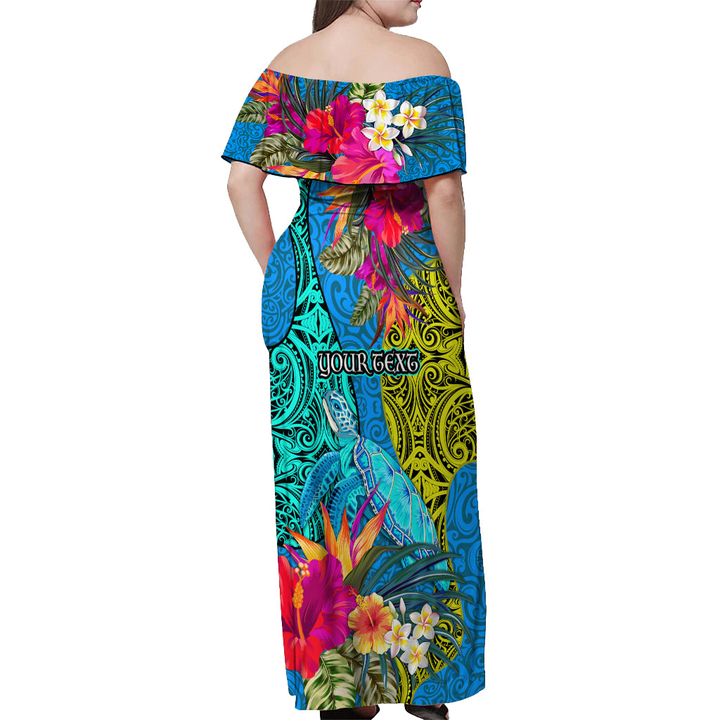 Custom Polynesian Off Shoulder Maxi Dress The Turtle Jung Flower with Maori Pattern Ethnic Style LT03 - Polynesian Pride