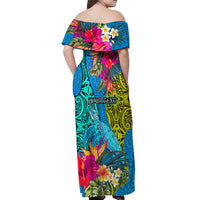 Custom Polynesian Off Shoulder Maxi Dress The Turtle Jung Flower with Maori Pattern Ethnic Style LT03 - Polynesian Pride