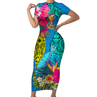 Custom Polynesian Short Sleeve Bodycon Dress The Turtle Jung Flower with Maori Pattern Ethnic Style LT03 Long Dress Blue - Polynesian Pride