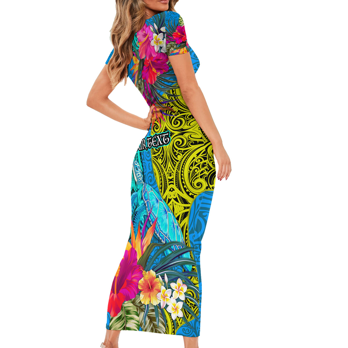 Custom Polynesian Short Sleeve Bodycon Dress The Turtle Jung Flower with Maori Pattern Ethnic Style LT03 - Polynesian Pride