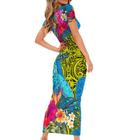 Custom Polynesian Short Sleeve Bodycon Dress The Turtle Jung Flower with Maori Pattern Ethnic Style LT03 - Polynesian Pride