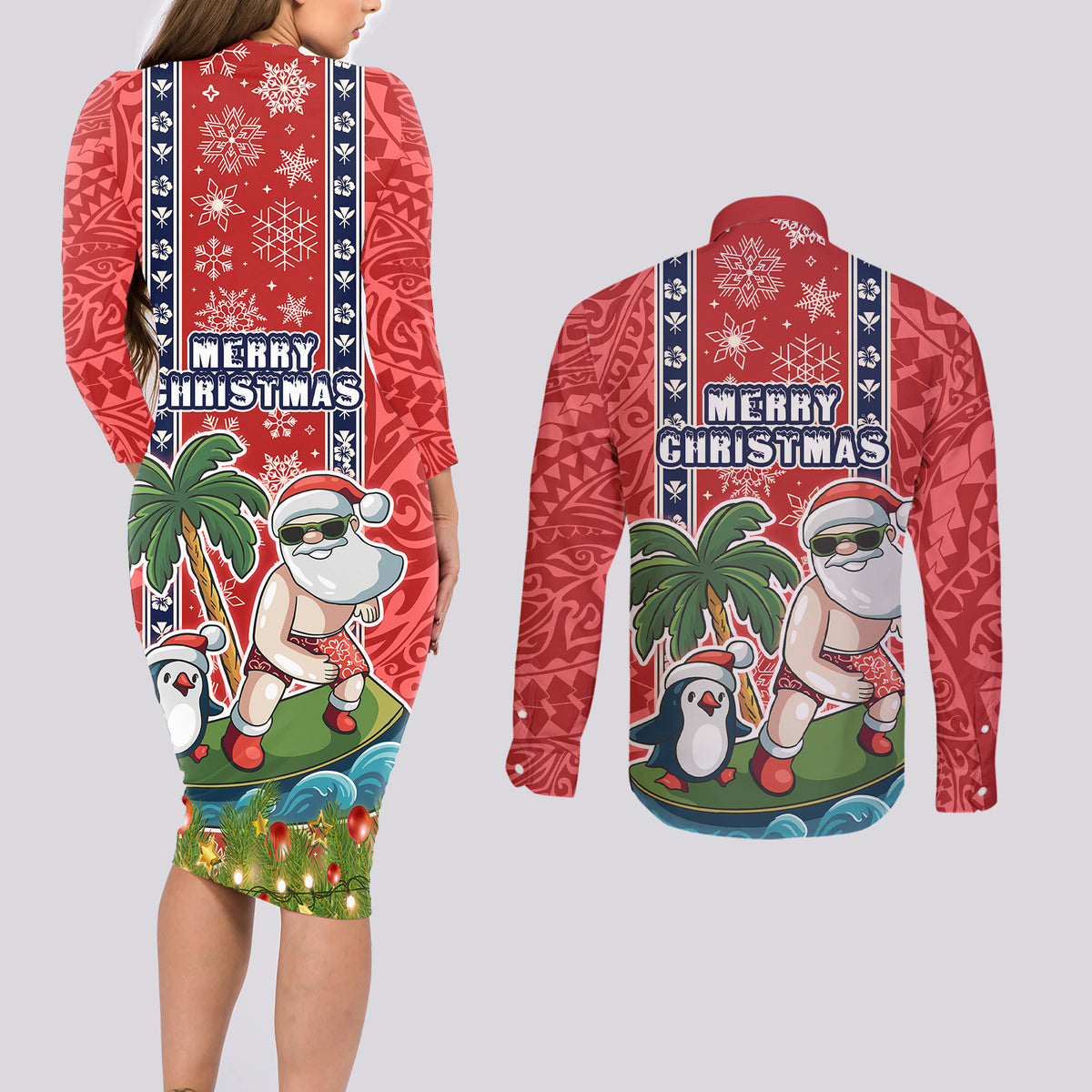 Hawaii Christmas Couples Matching Long Sleeve Bodycon Dress and Long Sleeve Button Shirts The Santa Surfing Hawaii Xmas Style LT03 - Polynesian Pride