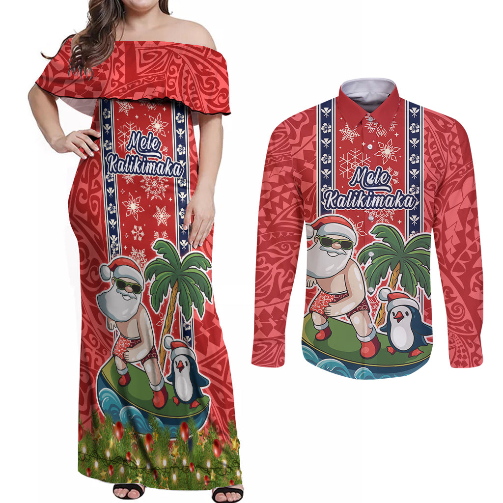 Hawaii Christmas Couples Matching Off Shoulder Maxi Dress and Long Sleeve Button Shirts The Santa Surfing Hawaii Xmas Style LT03 Red - Polynesian Pride