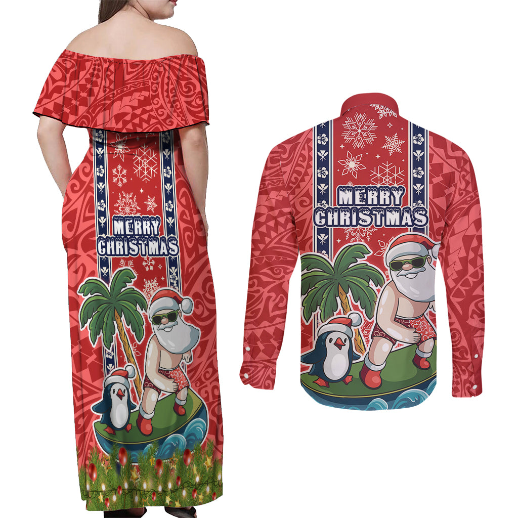 Hawaii Christmas Couples Matching Off Shoulder Maxi Dress and Long Sleeve Button Shirts The Santa Surfing Hawaii Xmas Style LT03 - Polynesian Pride