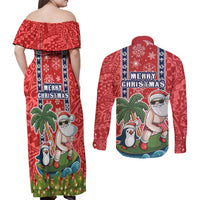 Hawaii Christmas Couples Matching Off Shoulder Maxi Dress and Long Sleeve Button Shirts The Santa Surfing Hawaii Xmas Style LT03 - Polynesian Pride