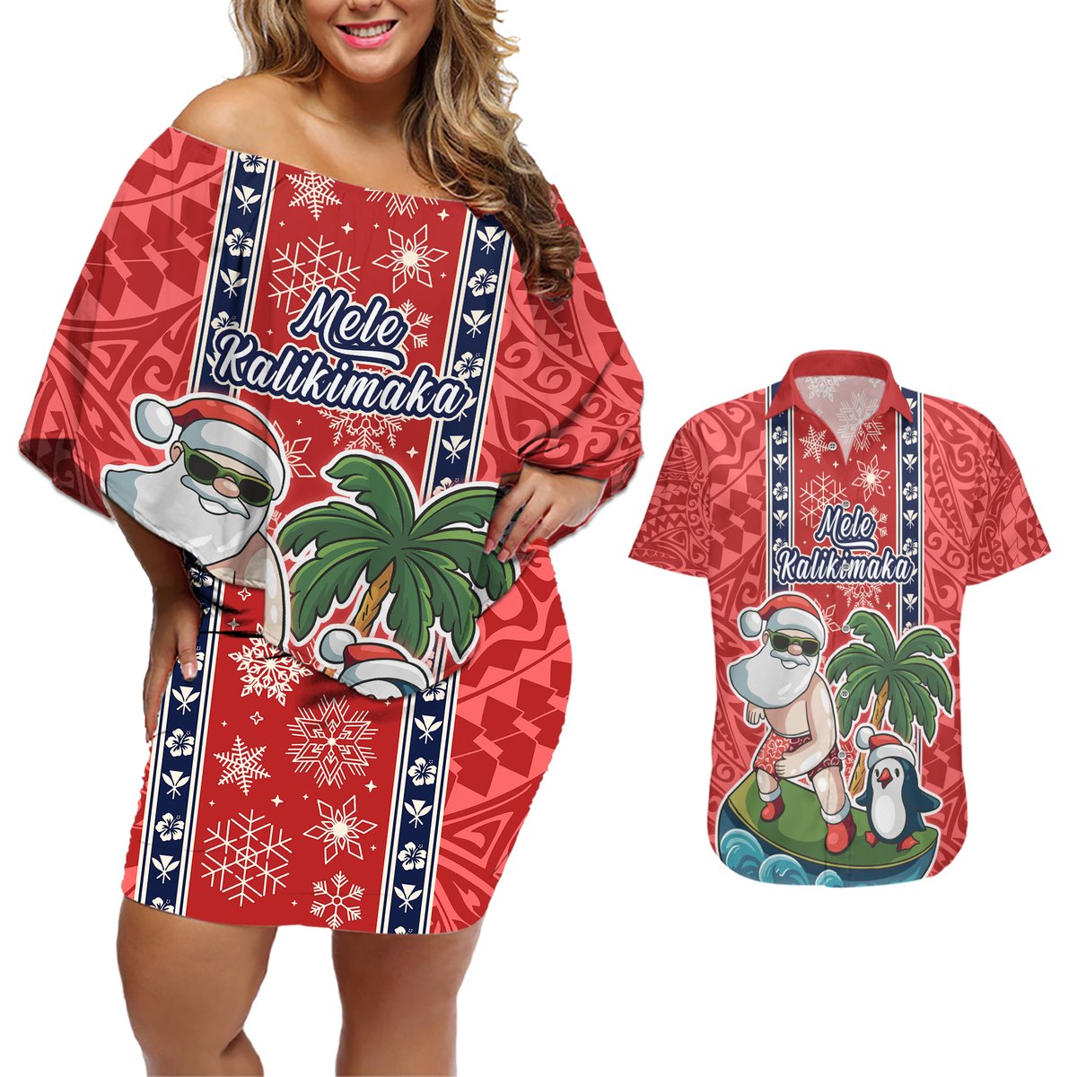 Hawaii Christmas Couples Matching Off Shoulder Short Dress and Hawaiian Shirt The Santa Surfing Hawaii Xmas Style LT03 Red - Polynesian Pride