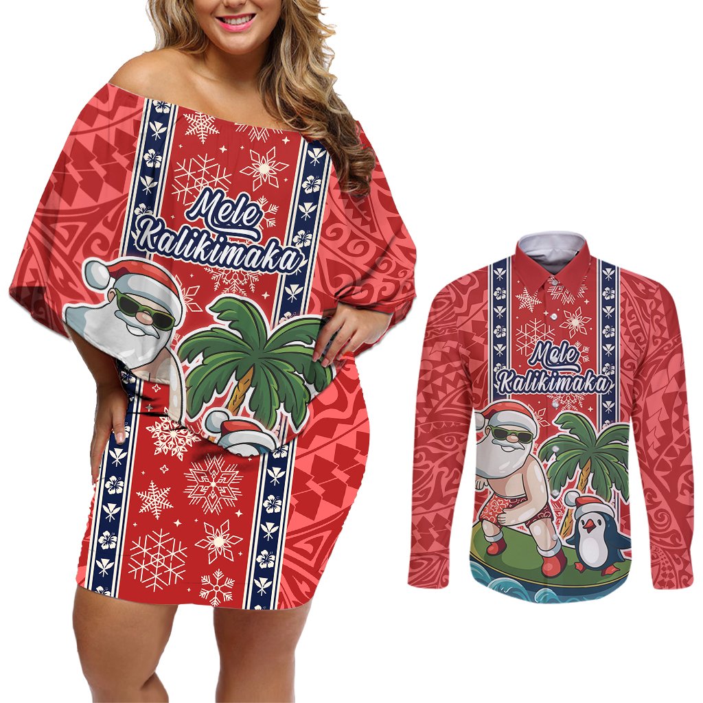 Hawaii Christmas Couples Matching Off Shoulder Short Dress and Long Sleeve Button Shirts The Santa Surfing Hawaii Xmas Style LT03 Red - Polynesian Pride