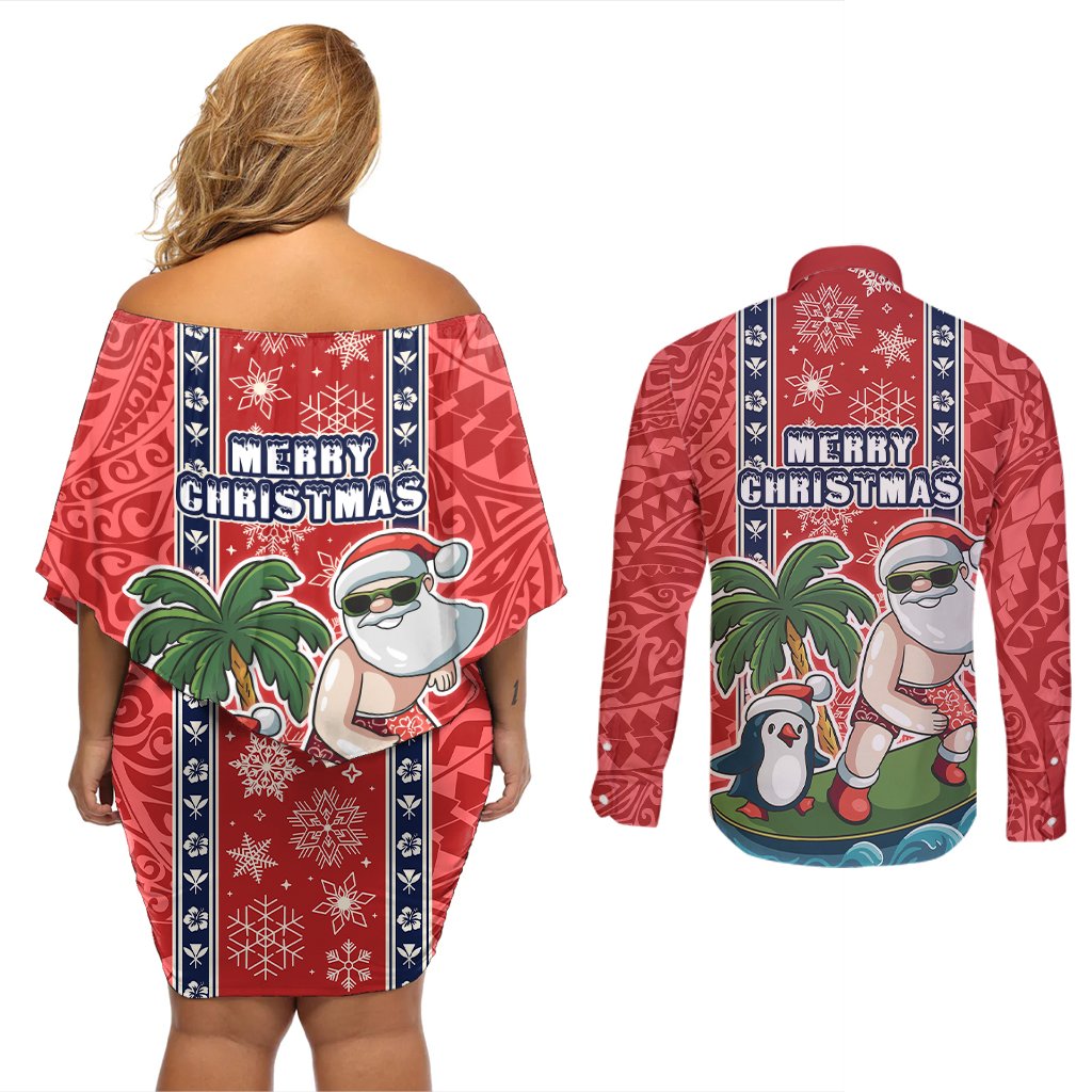 Hawaii Christmas Couples Matching Off Shoulder Short Dress and Long Sleeve Button Shirts The Santa Surfing Hawaii Xmas Style LT03 - Polynesian Pride