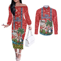 Hawaii Christmas Couples Matching Off The Shoulder Long Sleeve Dress and Long Sleeve Button Shirts The Santa Surfing Hawaii Xmas Style LT03 Red - Polynesian Pride