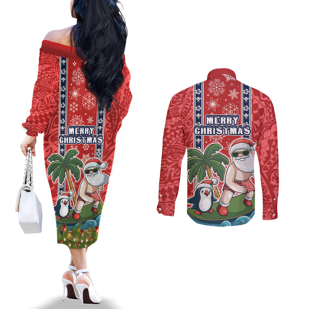 Hawaii Christmas Couples Matching Off The Shoulder Long Sleeve Dress and Long Sleeve Button Shirts The Santa Surfing Hawaii Xmas Style LT03 - Polynesian Pride