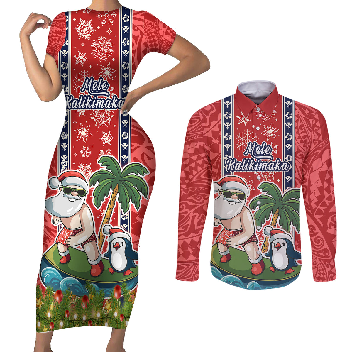 Hawaii Christmas Couples Matching Short Sleeve Bodycon Dress and Long Sleeve Button Shirts The Santa Surfing Hawaii Xmas Style LT03 Red - Polynesian Pride
