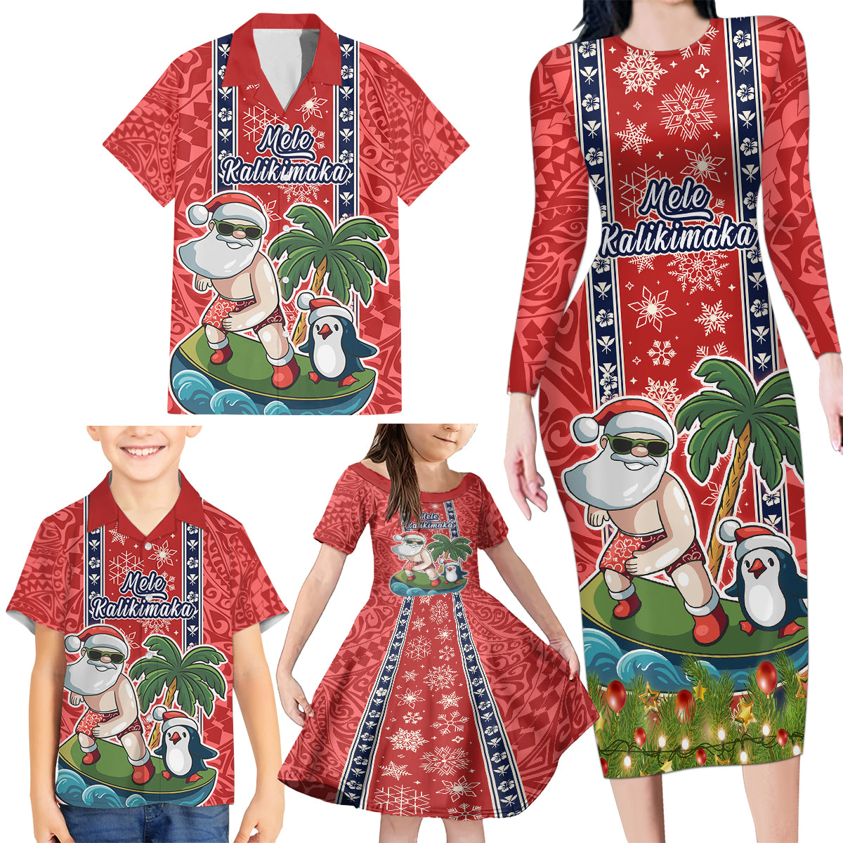 Hawaii Christmas Family Matching Long Sleeve Bodycon Dress and Hawaiian Shirt The Santa Surfing Hawaii Xmas Style LT03 - Polynesian Pride