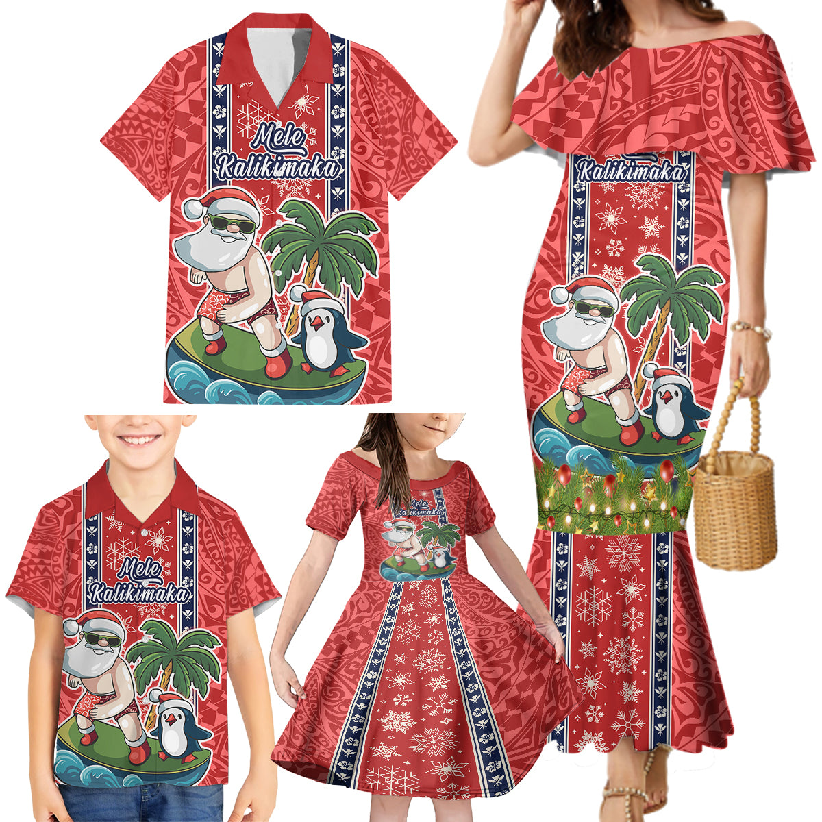 Hawaii Christmas Family Matching Mermaid Dress and Hawaiian Shirt The Santa Surfing Hawaii Xmas Style LT03 - Polynesian Pride