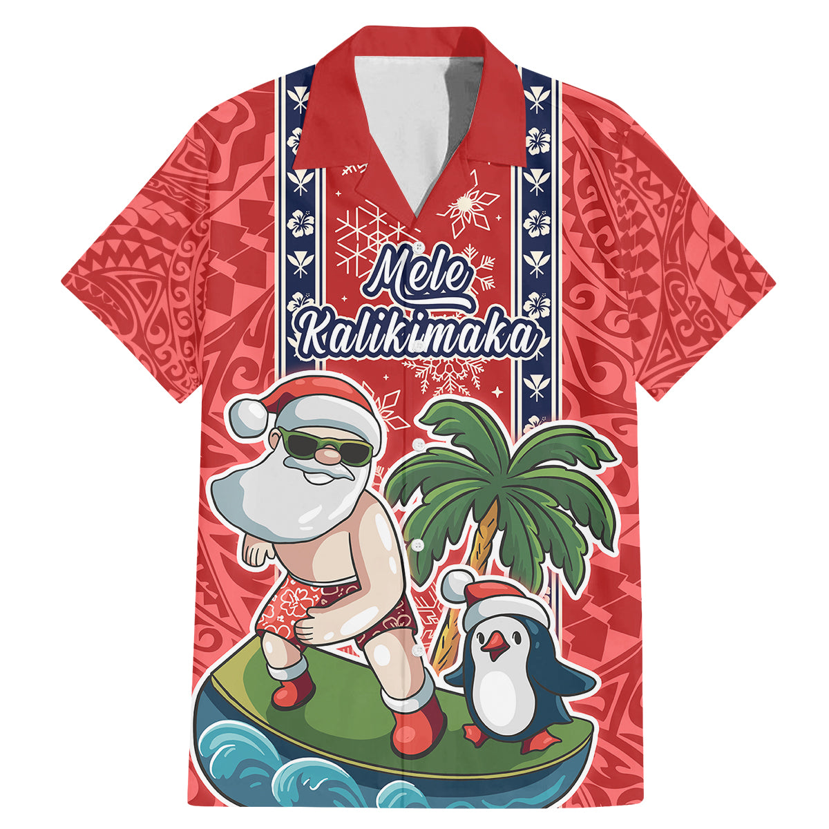 Hawaii Christmas Family Matching Mermaid Dress and Hawaiian Shirt The Santa Surfing Hawaii Xmas Style LT03 Dad's Shirt - Short Sleeve Red - Polynesian Pride