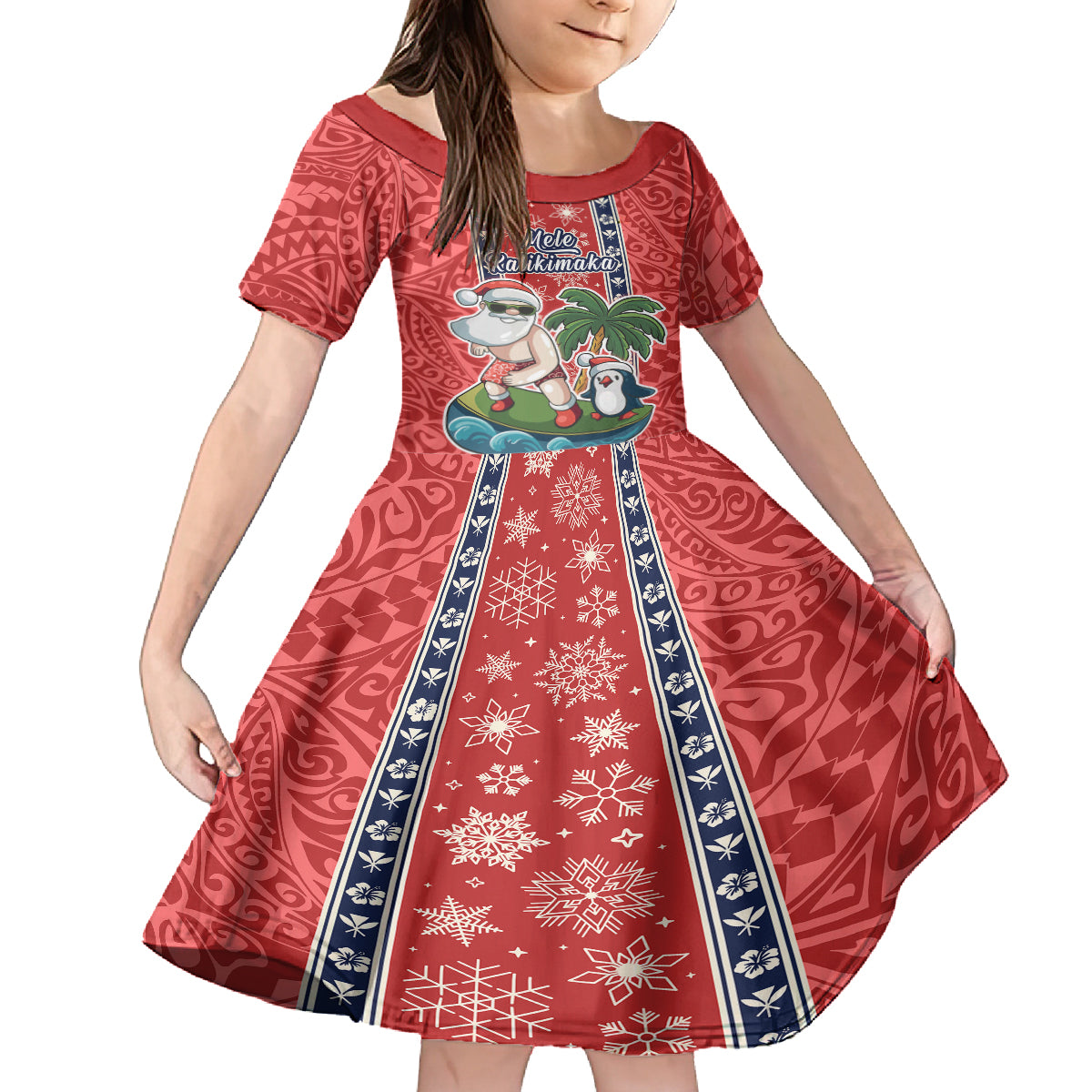 Hawaii Christmas Family Matching Off Shoulder Long Sleeve Dress and Hawaiian Shirt The Santa Surfing Hawaii Xmas Style LT03 Daughter's Dress Red - Polynesian Pride