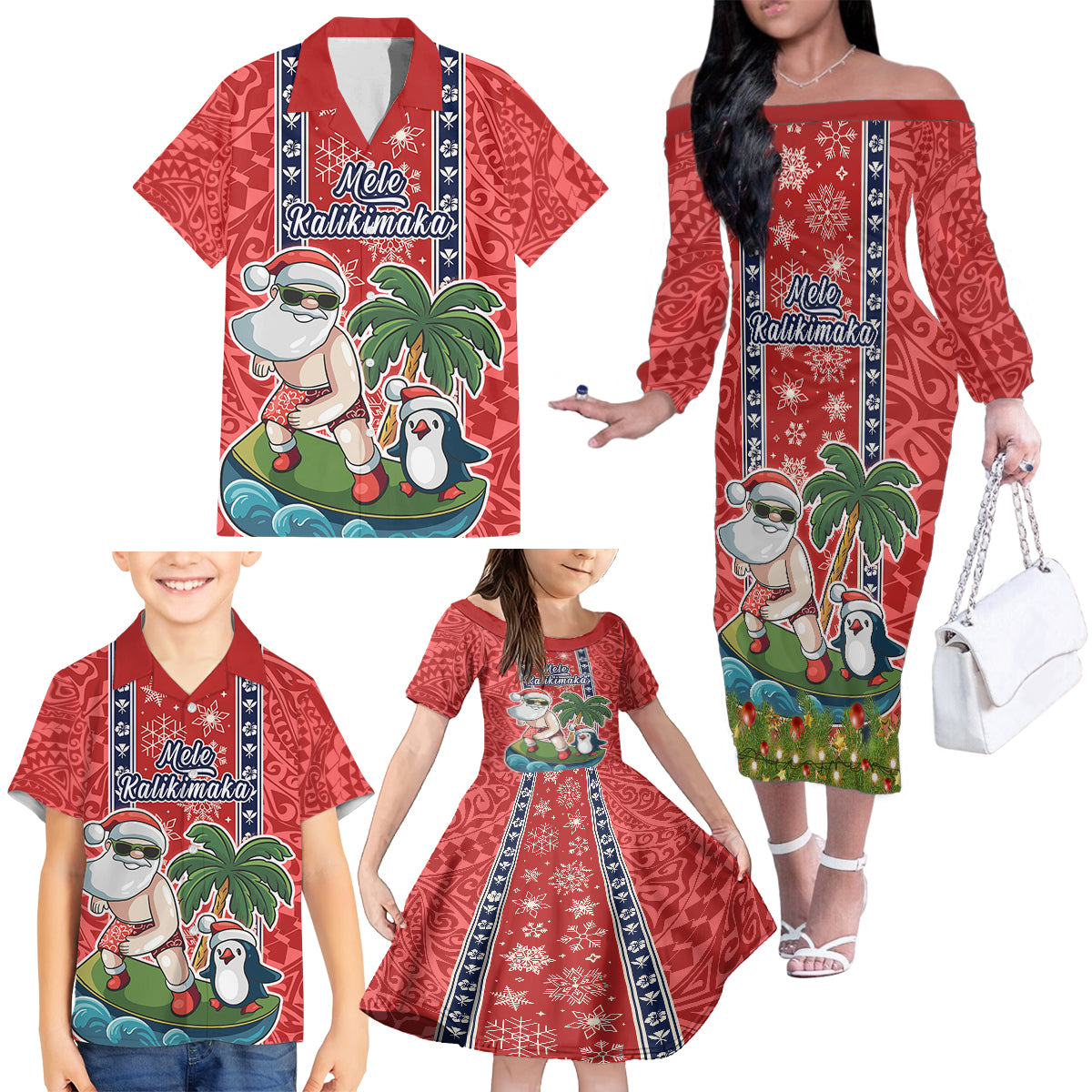Hawaii Christmas Family Matching Off Shoulder Long Sleeve Dress and Hawaiian Shirt The Santa Surfing Hawaii Xmas Style LT03 - Polynesian Pride