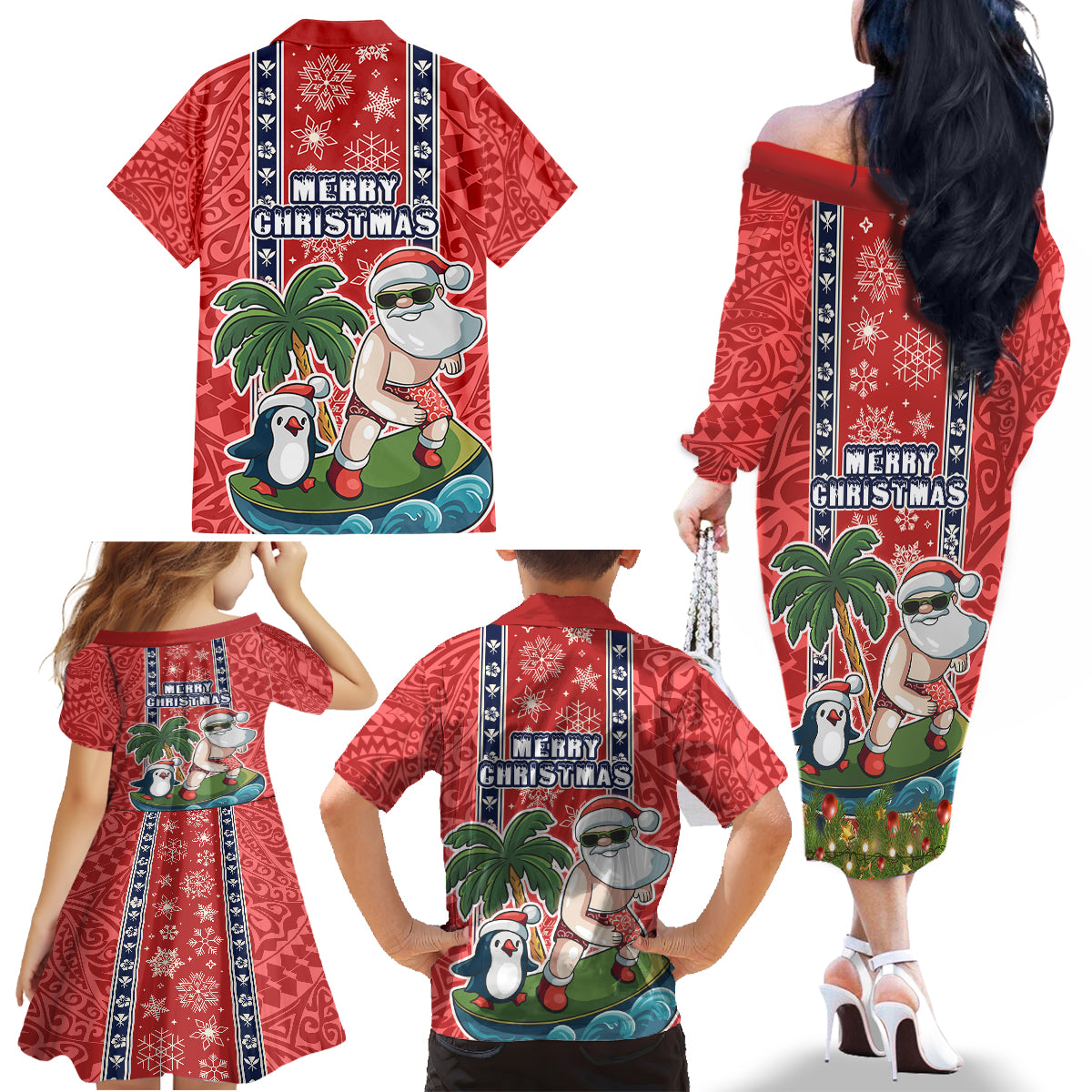 Hawaii Christmas Family Matching Off Shoulder Long Sleeve Dress and Hawaiian Shirt The Santa Surfing Hawaii Xmas Style LT03 - Polynesian Pride