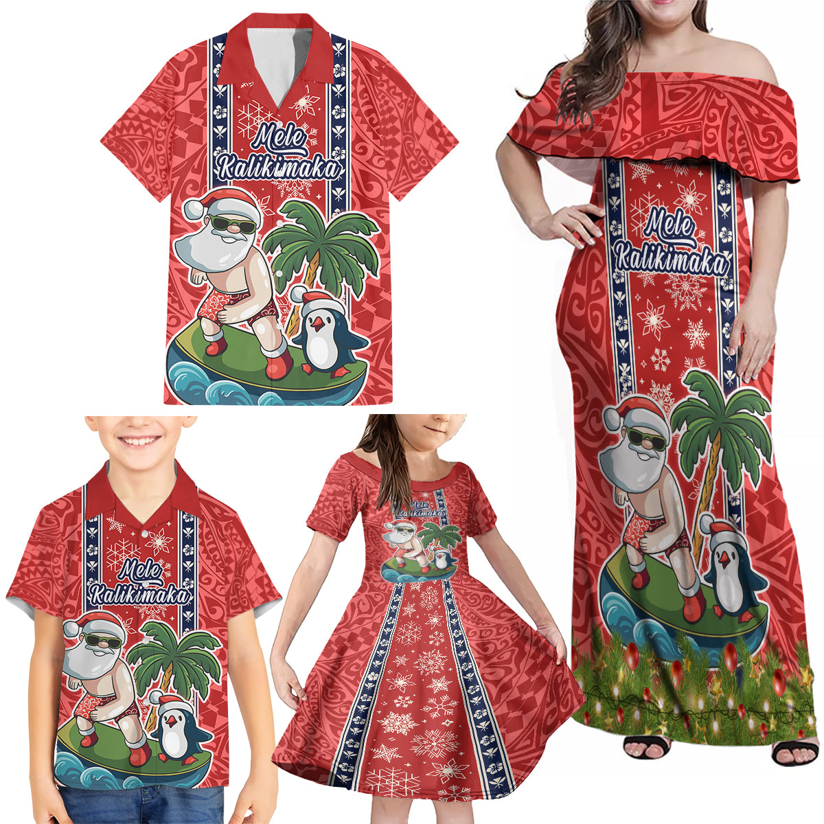 Hawaii Christmas Family Matching Off Shoulder Maxi Dress and Hawaiian Shirt The Santa Surfing Hawaii Xmas Style LT03 - Polynesian Pride