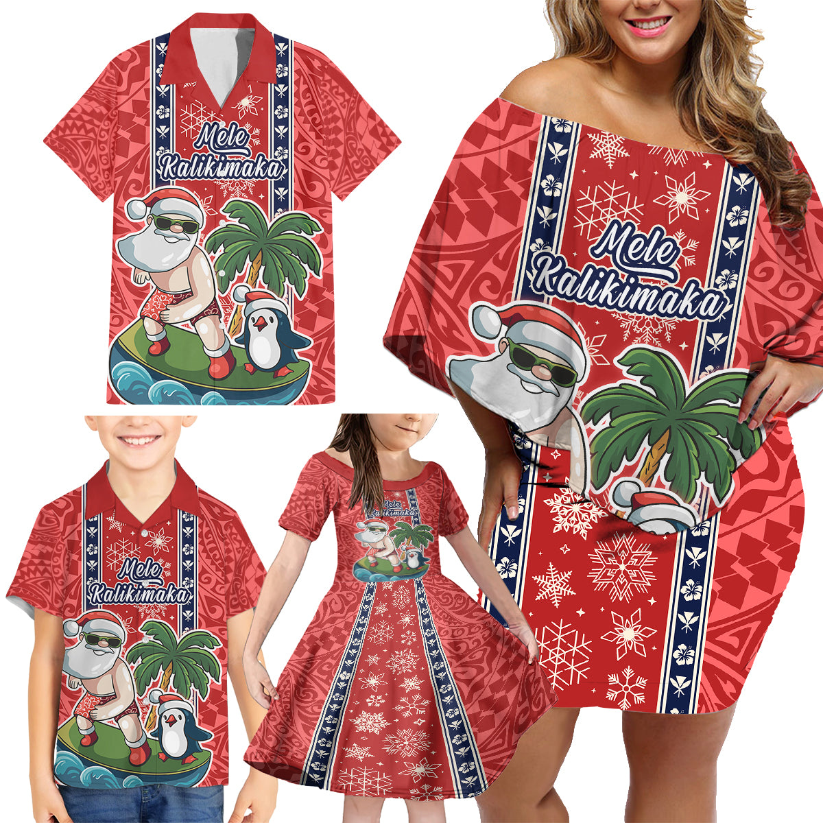 Hawaii Christmas Family Matching Off Shoulder Short Dress and Hawaiian Shirt The Santa Surfing Hawaii Xmas Style LT03 - Polynesian Pride