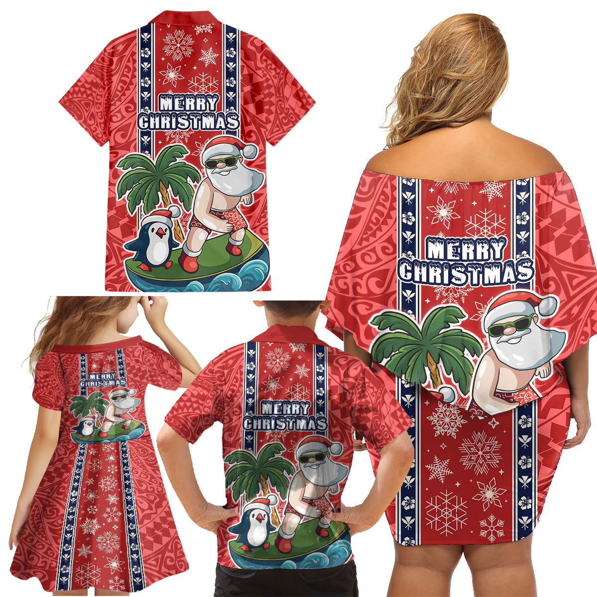 Hawaii Christmas Family Matching Off Shoulder Short Dress and Hawaiian Shirt The Santa Surfing Hawaii Xmas Style LT03 - Polynesian Pride