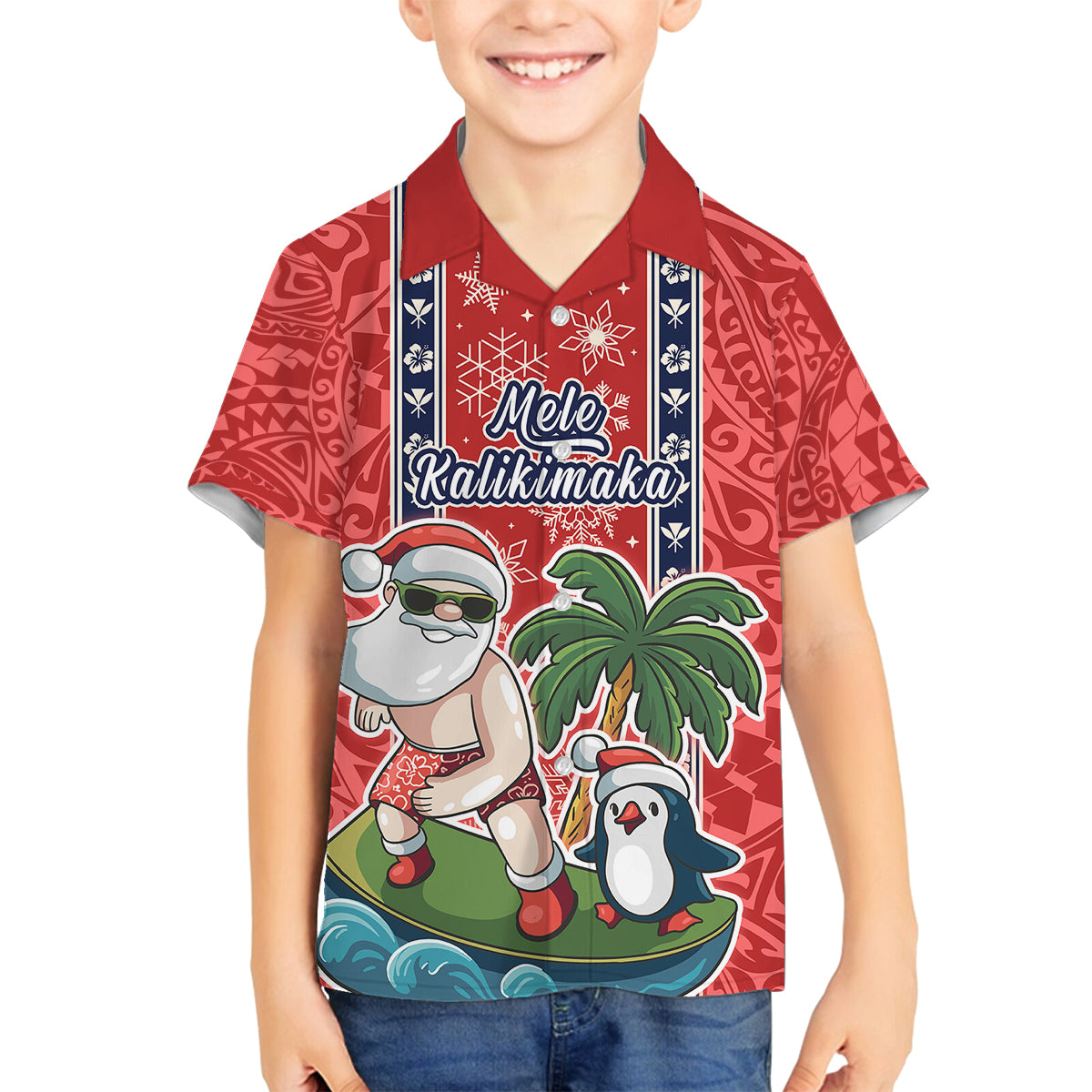 Hawaii Christmas Family Matching Off Shoulder Short Dress and Hawaiian Shirt The Santa Surfing Hawaii Xmas Style LT03 Son's Shirt Red - Polynesian Pride