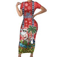 Hawaii Christmas Family Matching Short Sleeve Bodycon Dress and Hawaiian Shirt The Santa Surfing Hawaii Xmas Style LT03 Mom's Dress Red - Polynesian Pride
