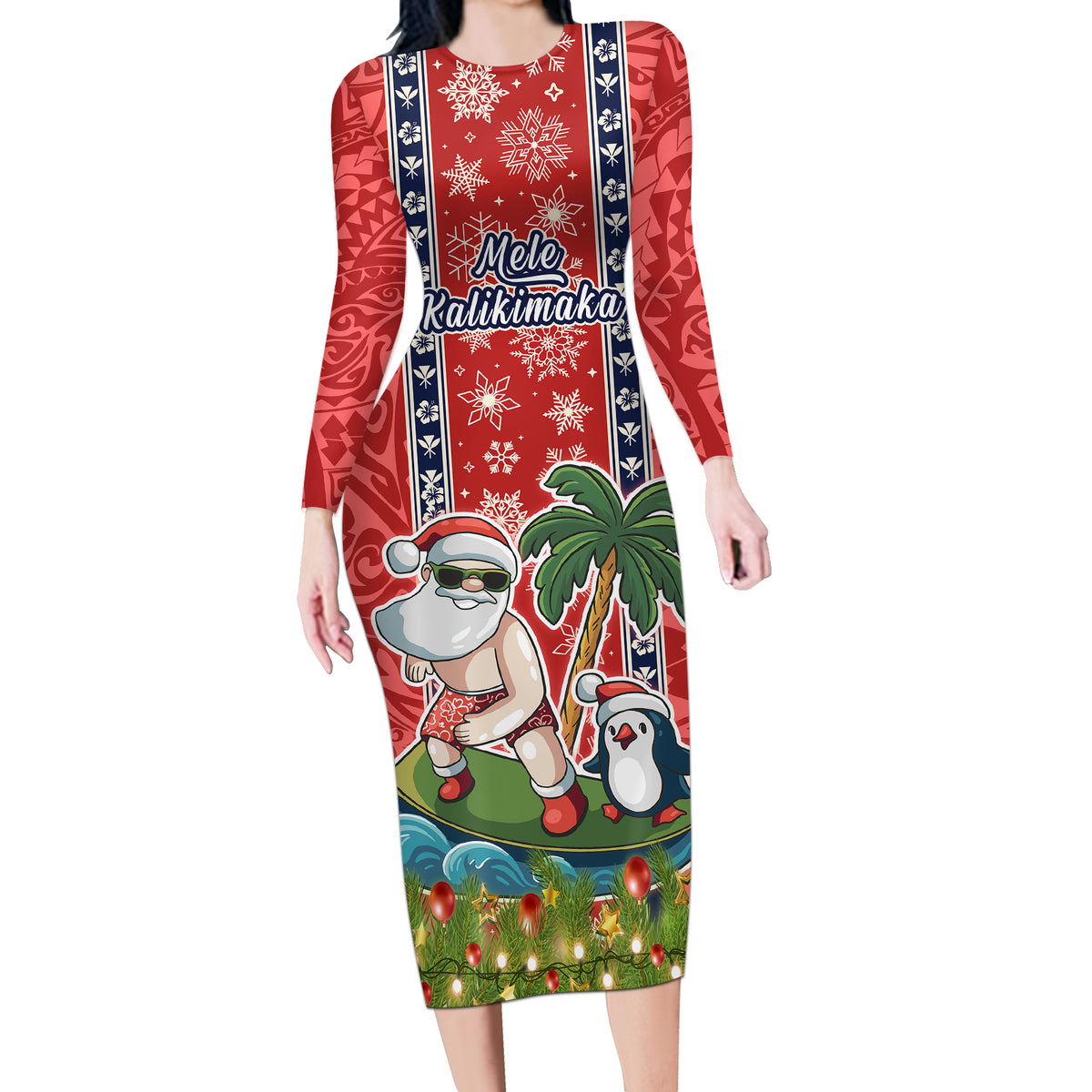 Hawaii Christmas Long Sleeve Bodycon Dress The Santa Surfing Hawaii Xmas Style LT03 Long Dress Red - Polynesian Pride