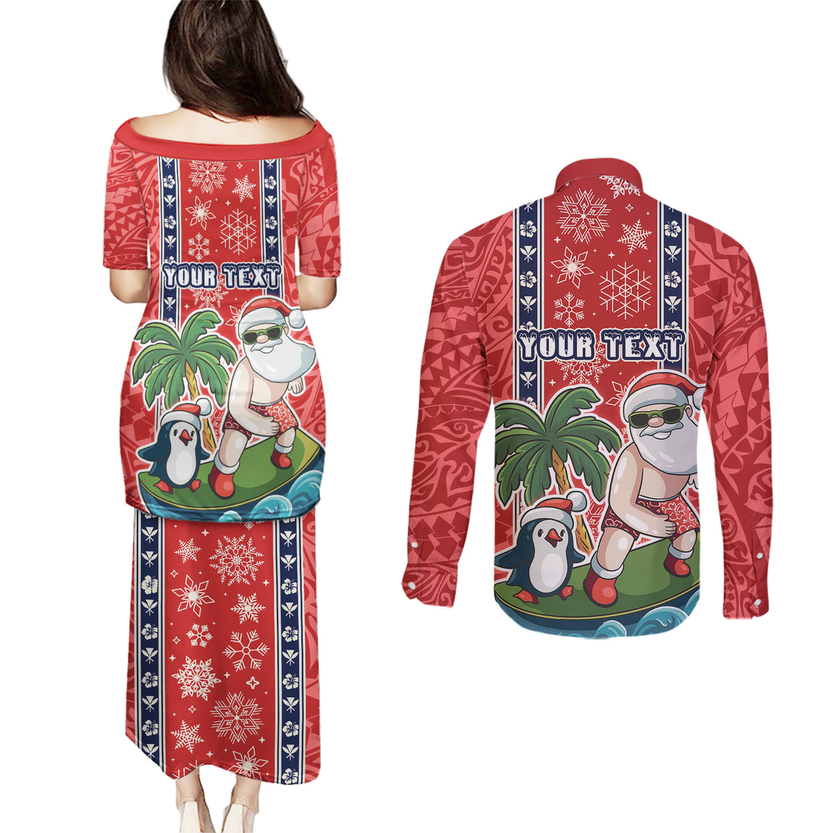 Custom Hawaii Christmas Couples Matching Puletasi Dress and Long Sleeve Button Shirts The Santa Surfing Hawaii Xmas Style LT03 - Polynesian Pride
