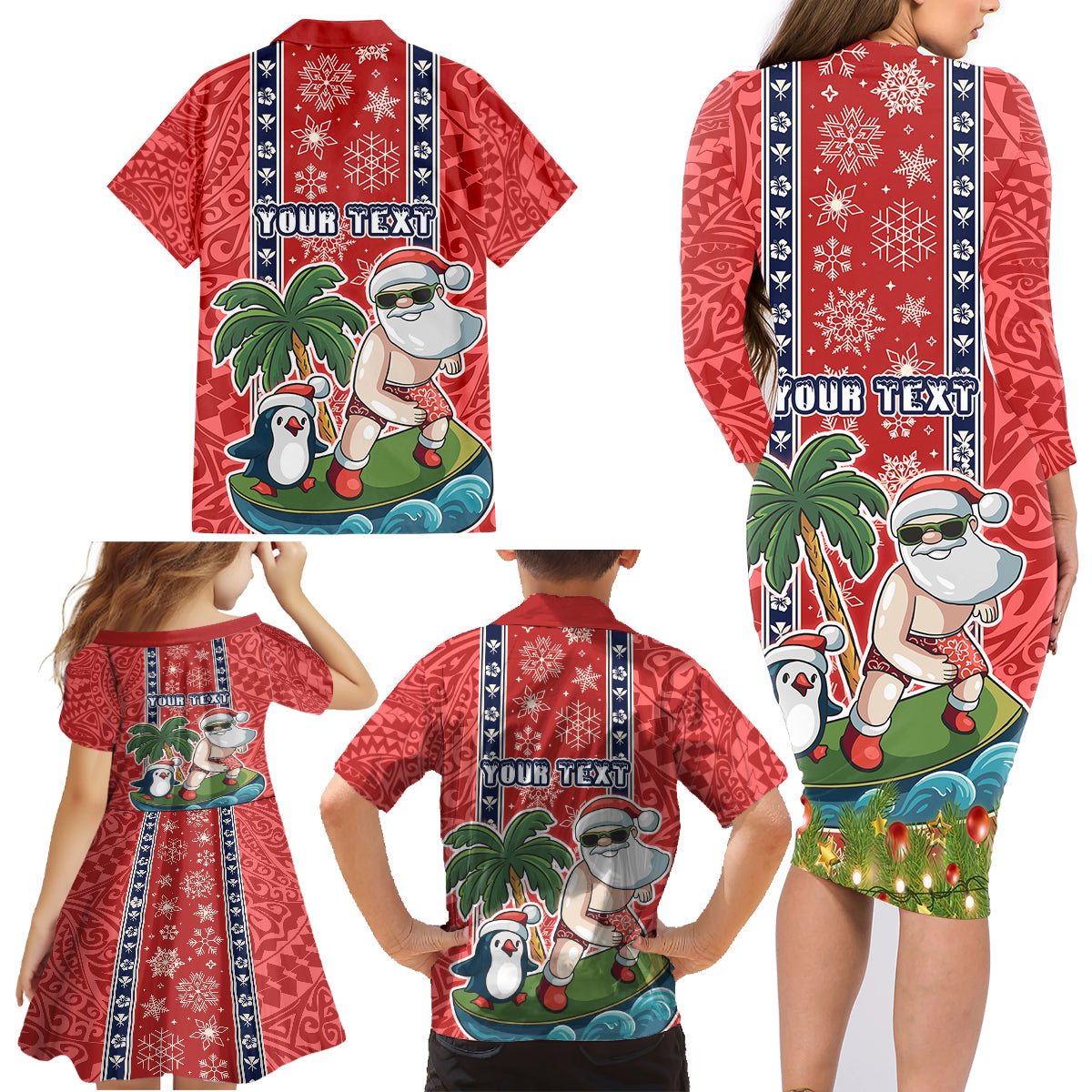 Custom Hawaii Christmas Family Matching Long Sleeve Bodycon Dress and Hawaiian Shirt The Santa Surfing Hawaii Xmas Style LT03 - Polynesian Pride
