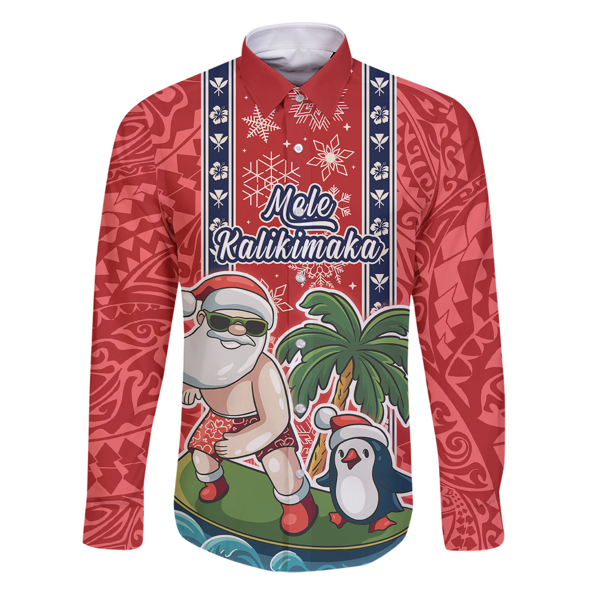 Custom Hawaii Christmas Family Matching Mermaid Dress and Hawaiian Shirt The Santa Surfing Hawaii Xmas Style LT03 Dad's Shirt - Long Sleeve Red - Polynesian Pride