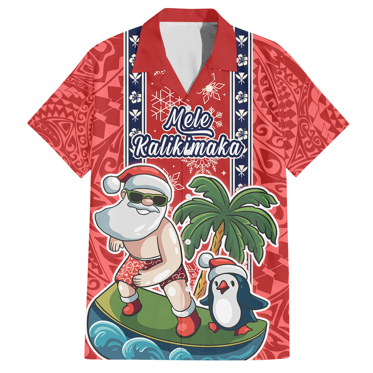 Custom Hawaii Christmas Family Matching Off Shoulder Maxi Dress and Hawaiian Shirt The Santa Surfing Hawaii Xmas Style LT03 Dad's Shirt - Short Sleeve Red - Polynesian Pride