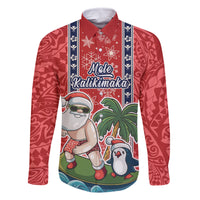 Custom Hawaii Christmas Family Matching Off Shoulder Maxi Dress and Hawaiian Shirt The Santa Surfing Hawaii Xmas Style LT03 Dad's Shirt - Long Sleeve Red - Polynesian Pride