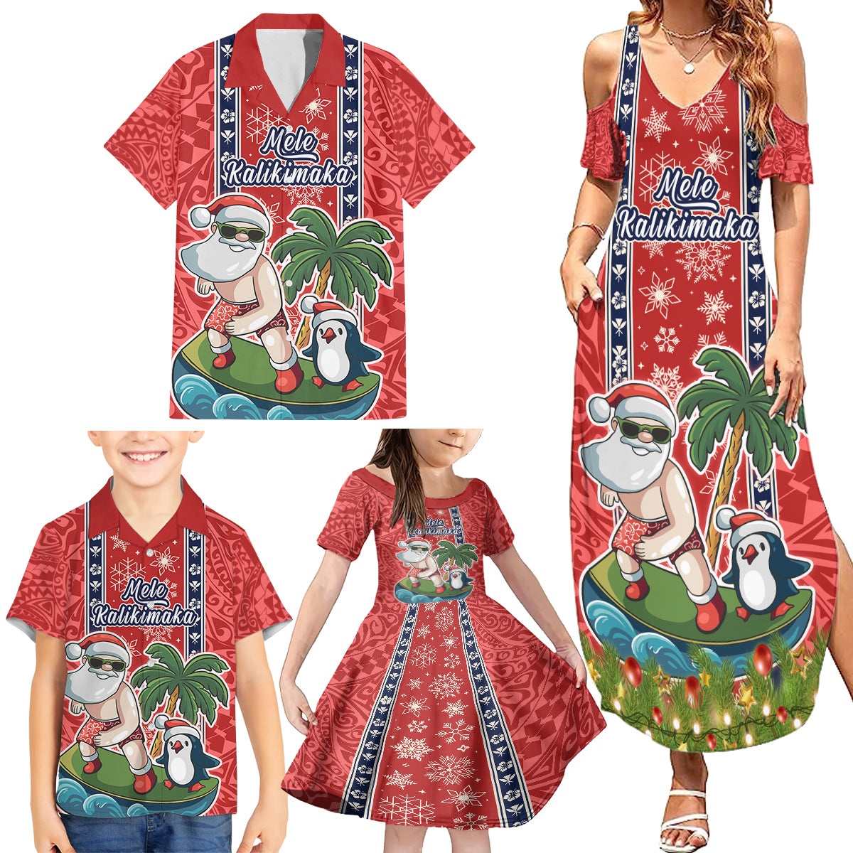 Custom Hawaii Christmas Family Matching Summer Maxi Dress and Hawaiian Shirt The Santa Surfing Hawaii Xmas Style LT03 - Polynesian Pride