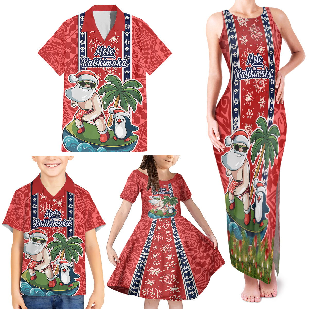 Custom Hawaii Christmas Family Matching Tank Maxi Dress and Hawaiian Shirt The Santa Surfing Hawaii Xmas Style LT03 - Polynesian Pride