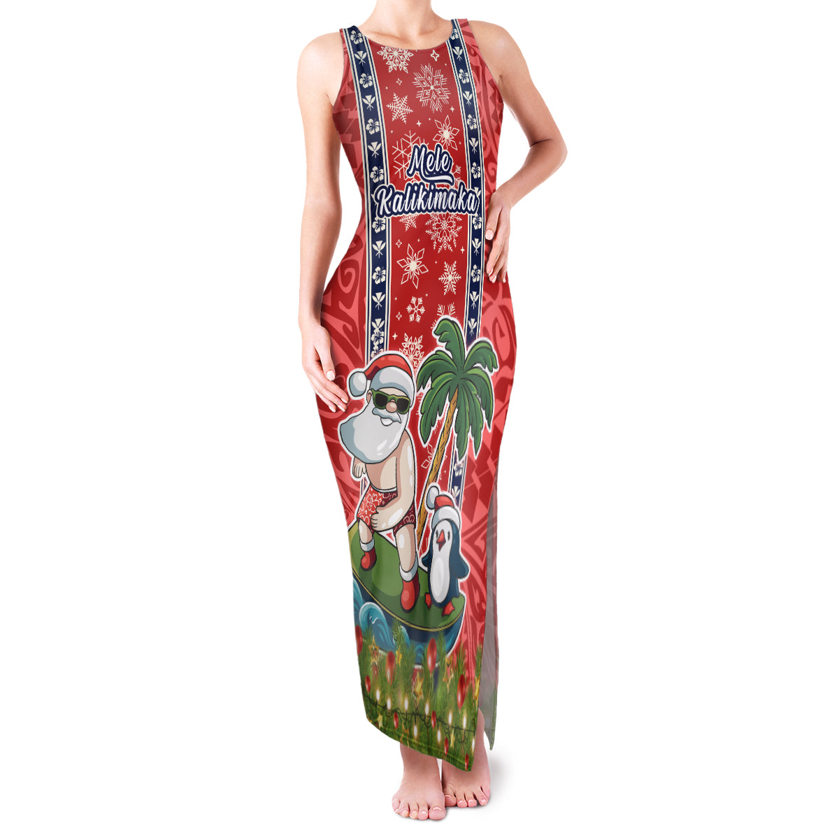 Custom Hawaii Christmas Family Matching Tank Maxi Dress and Hawaiian Shirt The Santa Surfing Hawaii Xmas Style LT03 Mom's Dress Red - Polynesian Pride