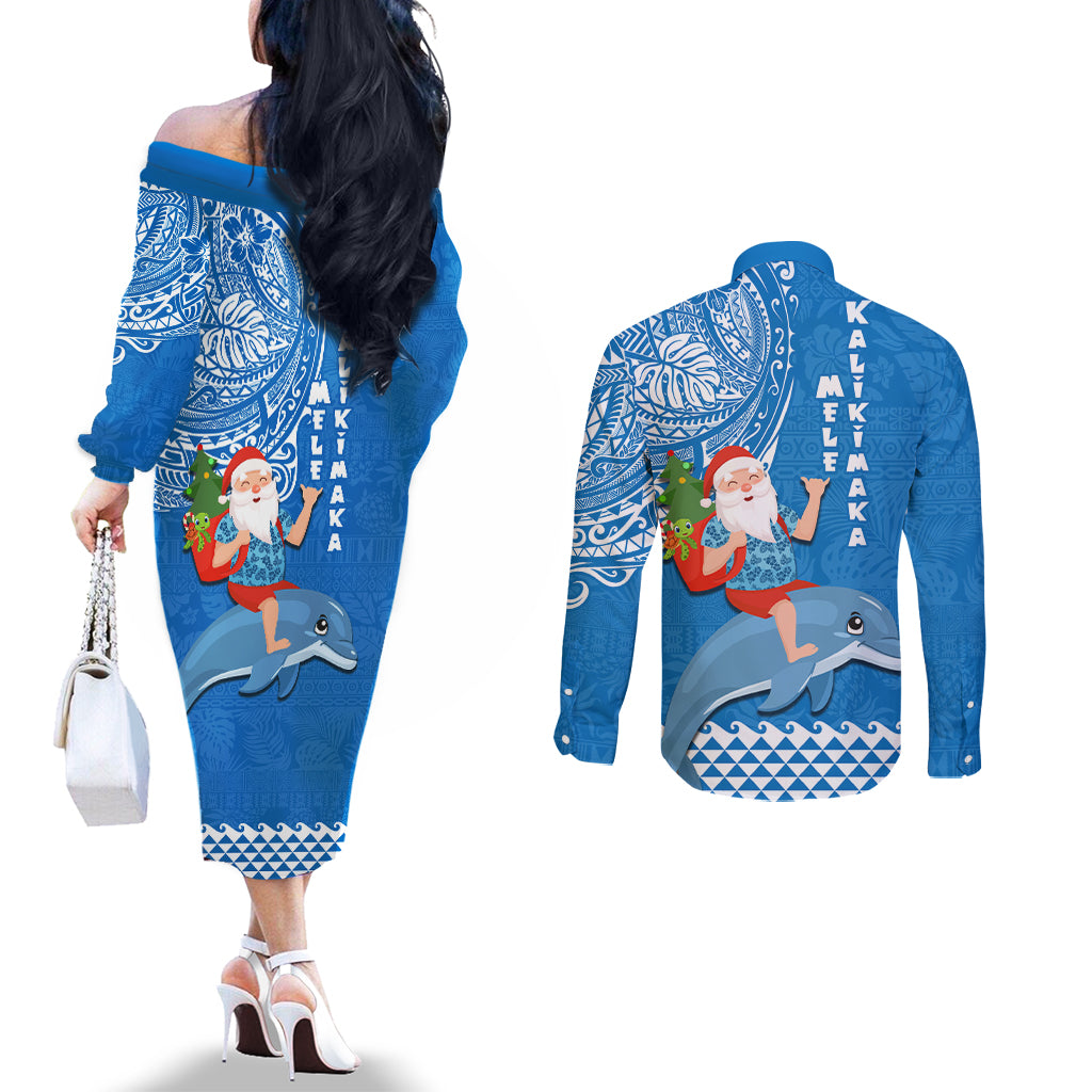 Hawaii Mele Kalikimaka Couples Matching Off The Shoulder Long Sleeve Dress and Long Sleeve Button Shirt Santa Riding The DolPhin Mix Kakau Pattern Blue Style LT03 - Polynesian Pride