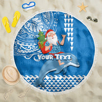Custom Hawaii Mele Kalikimaka Beach Blanket Santa Riding The DolPhin Mix Kakau Pattern Blue Style LT03 One Size 150cm Blue - Polynesian Pride