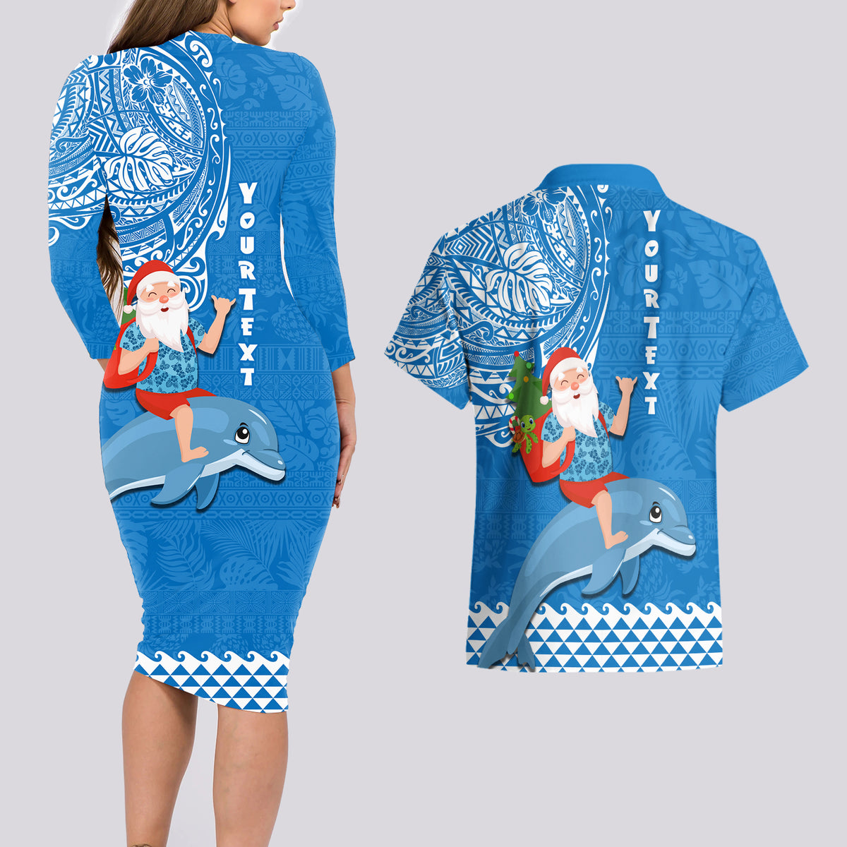Custom Hawaii Mele Kalikimaka Couples Matching Long Sleeve Bodycon Dress and Hawaiian Shirt Santa Riding The DolPhin Mix Kakau Pattern Blue Style LT03 - Polynesian Pride