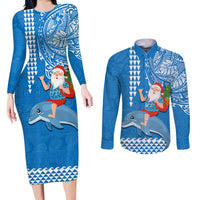 Custom Hawaii Mele Kalikimaka Couples Matching Long Sleeve Bodycon Dress and Long Sleeve Button Shirt Santa Riding The DolPhin Mix Kakau Pattern Blue Style LT03 Blue - Polynesian Pride