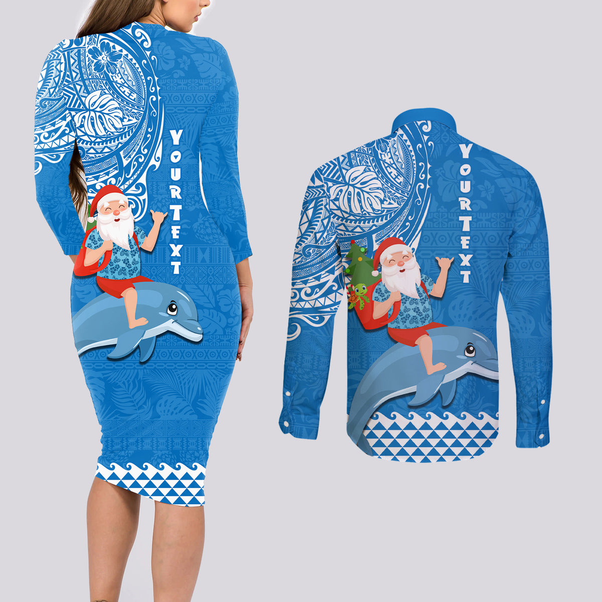 Custom Hawaii Mele Kalikimaka Couples Matching Long Sleeve Bodycon Dress and Long Sleeve Button Shirt Santa Riding The DolPhin Mix Kakau Pattern Blue Style LT03 - Polynesian Pride
