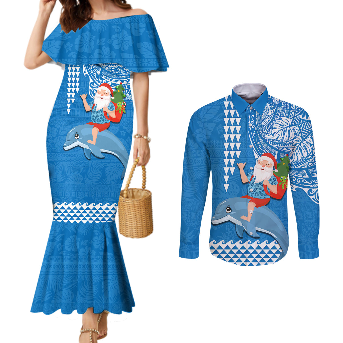 Custom Hawaii Mele Kalikimaka Couples Matching Mermaid Dress and Long Sleeve Button Shirt Santa Riding The DolPhin Mix Kakau Pattern Blue Style LT03 Blue - Polynesian Pride