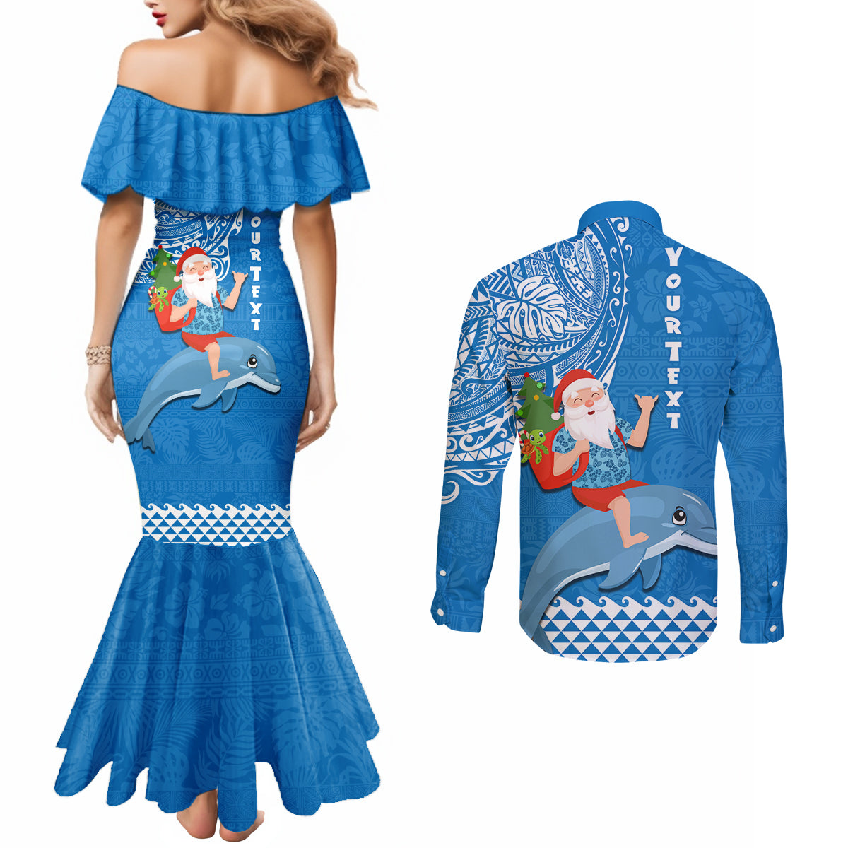 Custom Hawaii Mele Kalikimaka Couples Matching Mermaid Dress and Long Sleeve Button Shirt Santa Riding The DolPhin Mix Kakau Pattern Blue Style LT03 - Polynesian Pride