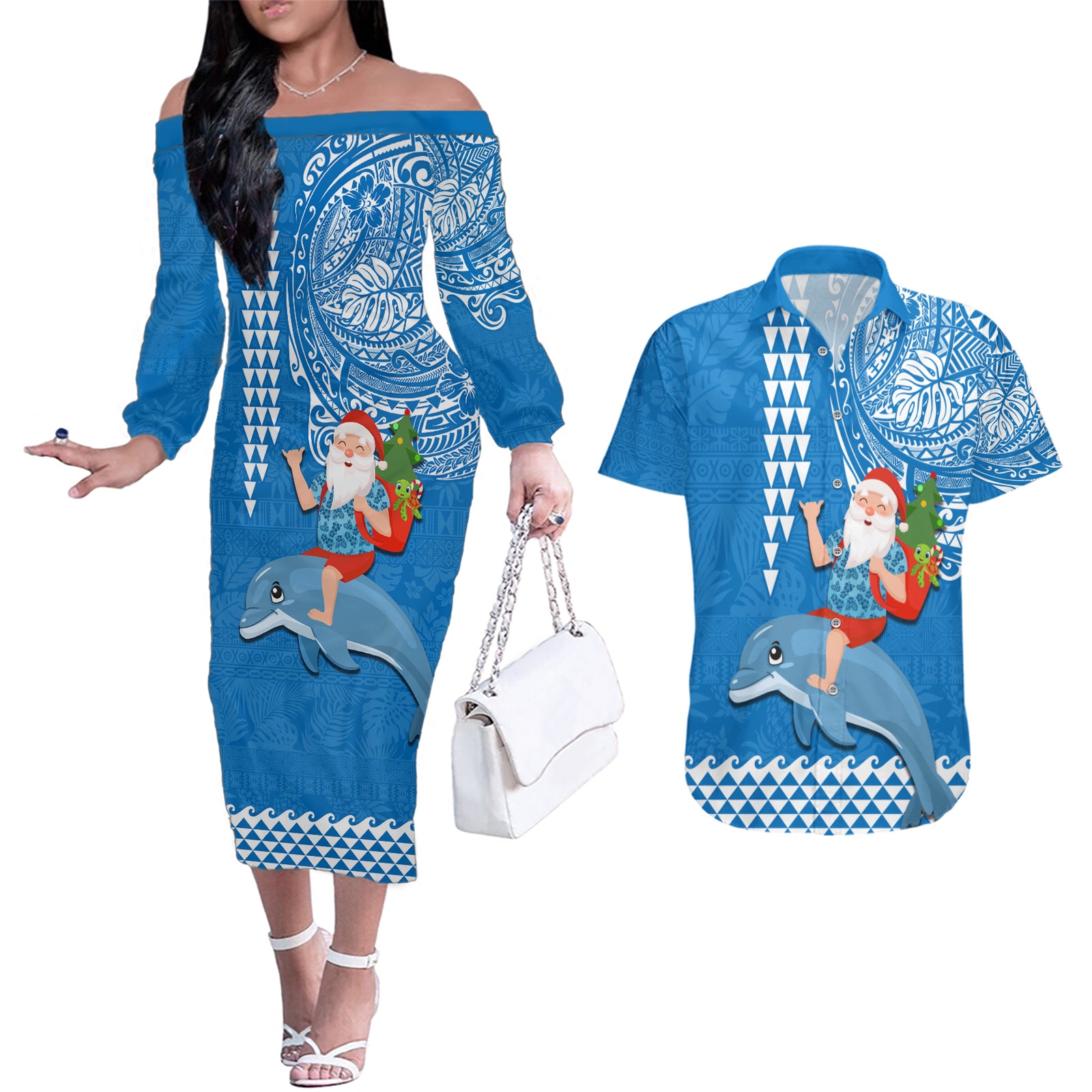 Custom Hawaii Mele Kalikimaka Couples Matching Off The Shoulder Long Sleeve Dress and Hawaiian Shirt Santa Riding The DolPhin Mix Kakau Pattern Blue Style LT03 Blue - Polynesian Pride