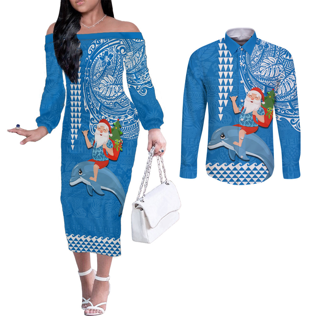 Custom Hawaii Mele Kalikimaka Couples Matching Off The Shoulder Long Sleeve Dress and Long Sleeve Button Shirt Santa Riding The DolPhin Mix Kakau Pattern Blue Style LT03 Blue - Polynesian Pride
